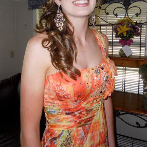 One Shoulder Orange TonyB Prom Formal Dress - Picture 2 of 8
